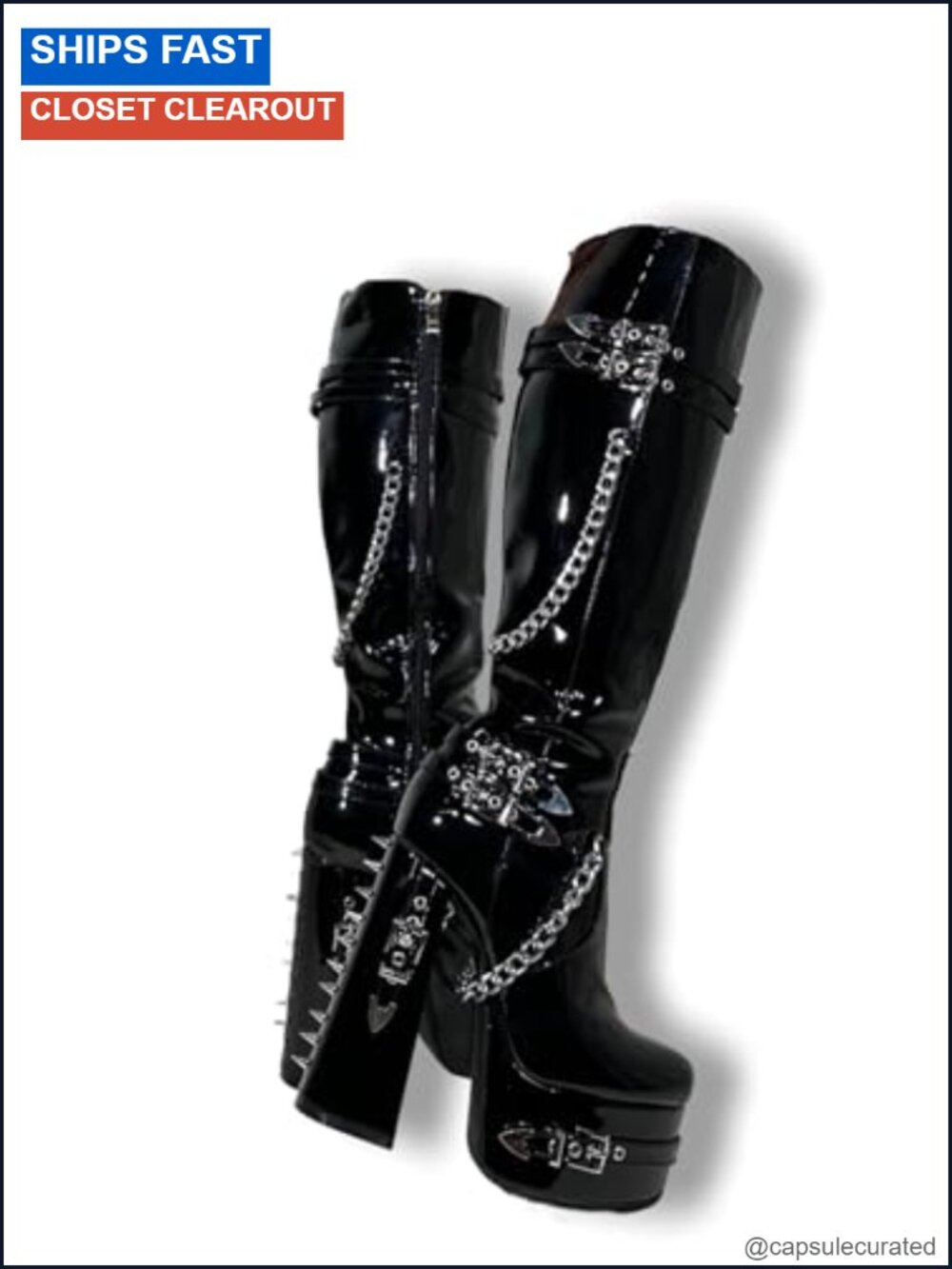 Goth Sexy Chunky Platform Knee High Heeled Boots Patent Silver Chain Rivets